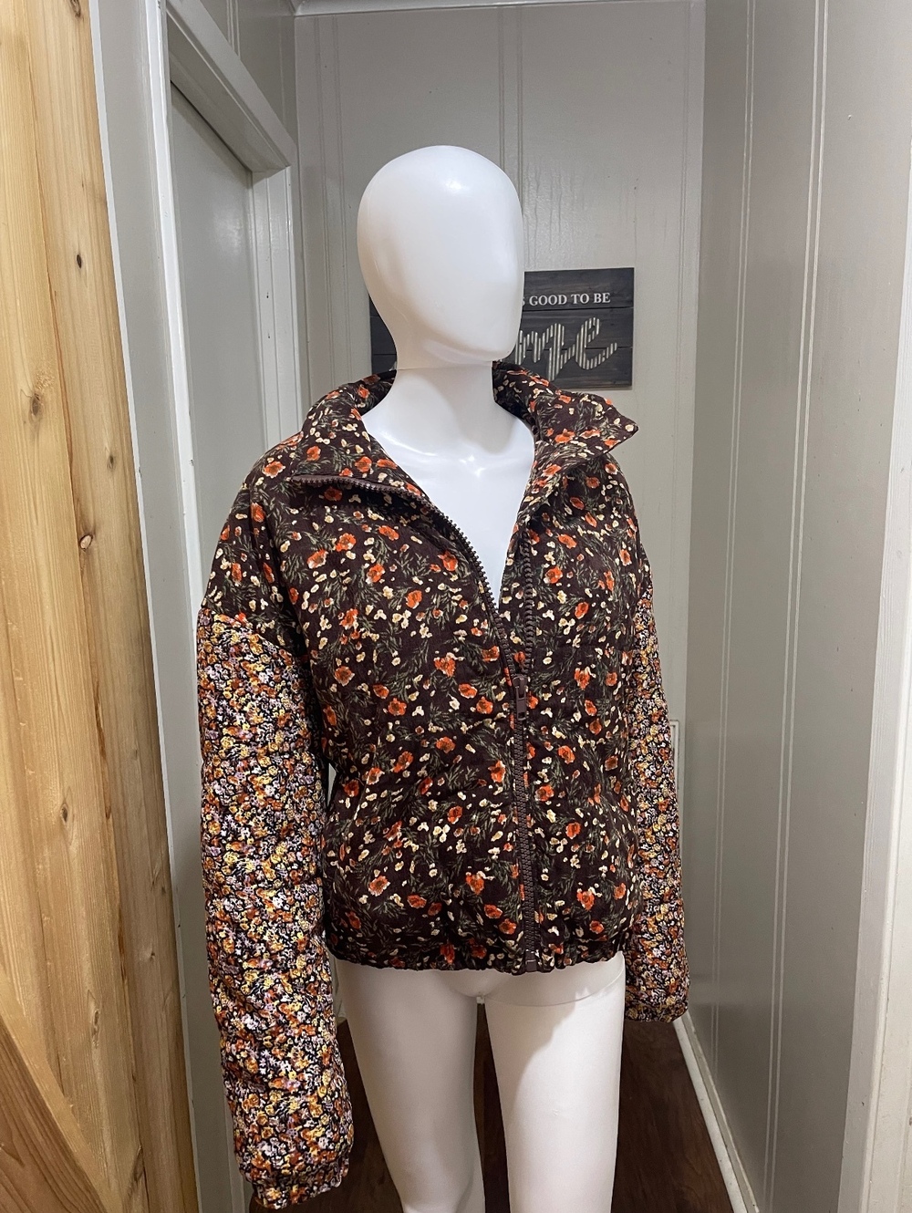 Vintage Style Floral Corduroy Quilted Puffer Jacket Full Zip